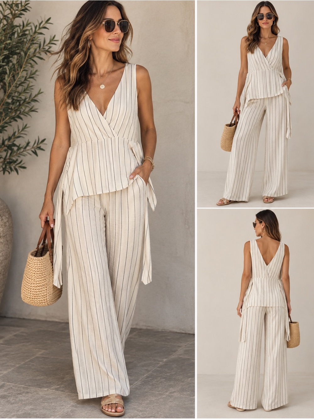 Zara Striped Linen-Blend Wide Leg Pants & Wrap Top Matching Set M